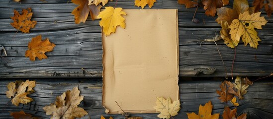 Wall Mural - Autumn themed composition with a blank paper yellow leaves on a wooden surface suitable for text Autumn greeting card with copy space image