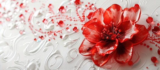 Poster - A stunning red flower decoration shines against a white and red backdrop featuring copy space image
