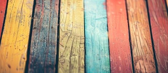 Aufkleber - Vintage wallpaper featuring a colorful wood plank wall with a blurred copy space image in focus