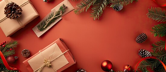 Poster - Brown background with a gift box and envelope creating a festive theme for occasions like anniversaries and Christmas The setup offers a flat lay with a top view and generous copy space image