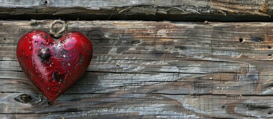 Poster - A charming red heart decoration on a textured wooden backdrop perfect for Saint Valentine s Day gifting with a clear area for additional elements in the image