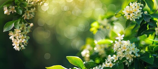 Aufkleber - Blooming Ligustrum Vicaryi bush with white flowers against a blurred dark green background ideal for nature themed design with copy space image