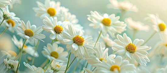 Wall Mural - A detailed shot capturing lovely white and yellow flowers in bloom with copy space image