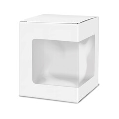 Wall Mural - white blank square paper box with plastic window. realistic 3d vector mock-up. windowed cardboard gi