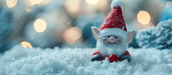 Fototapete - Christmas toy featuring a snow gnome or elf donning a red cap ideal for a festive card with blank space for customization with copy space image
