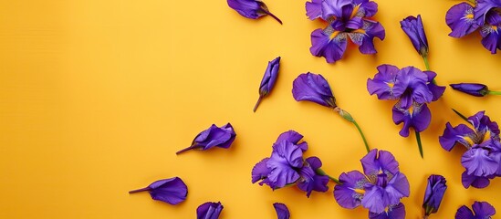 Aufkleber - Top view of purple irises set against a yellow background ideal for greeting card designs with room for additional elements in a copy space image