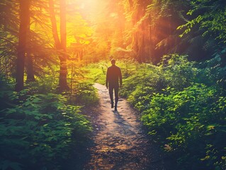 Poster - Person steps onto a new path in vibrant forest symbolizing new journeys and embracing the energy of new beginnings