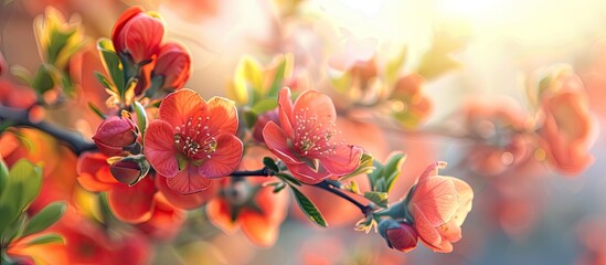 Aufkleber - Vibrant orange red quince flowers bloom on a bush in an edible garden the branch adorned with colorful blossoms under the spring sunrise perfect for a copy space image