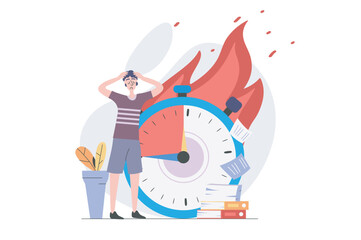 Wall Mural - Deadline concept in modern flat design for web. Overworked employee trying hurry to time and doing many tasks, solving urgency problems and getting stress and burnout at work. Vector illustration.