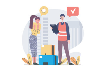 Leinwandbilder - Delivery concept in modern flat design for web. Courier with clipboard shipping parcel boxes and distributing orders to happy client at home. Fast shipment and postal logistics. Vector illustration.