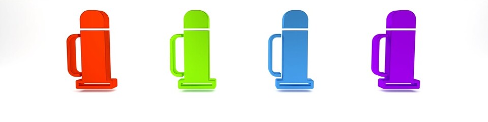 Sticker - Colorful Thermos container icon isolated on white background. Thermo flask icon. Camping and hiking equipment. Minimalism concept. 3D render illustration