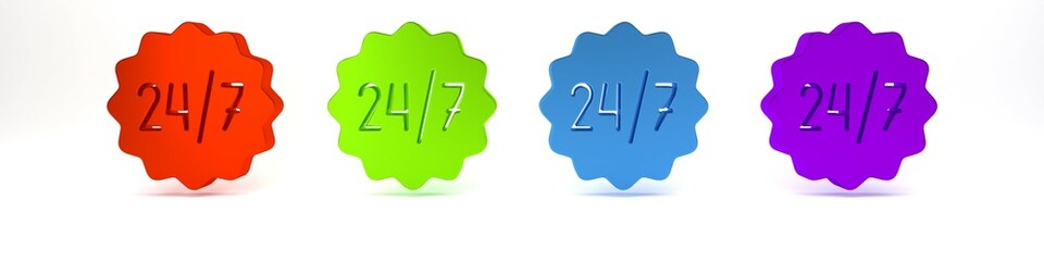 Sticker - Colorful Clock 24 hours icon isolated on white background. All day cyclic icon. 24 hours service symbol. Minimalism concept. 3D render illustration