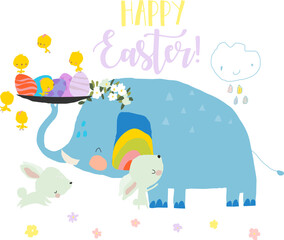 Wall Mural - Cartoon Cute Elephant celebrating easter with Little Rabbits. Vector Illustration