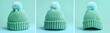 © Bundi - 2 color sets of dark light green lime pom pom ball knit knitted woven cuffed wool ribbed beanie hat on transparent cutout PNG file. Mockup template for artwork design.
