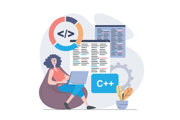 Canvas Print - development and programming concept in modern flat design for web. woman developer working at laptop
