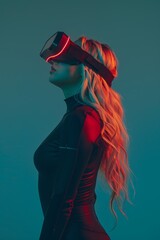 Wall Mural - Young unrecognizable blonde woman stands on colorful blue studio background wearing VR headset