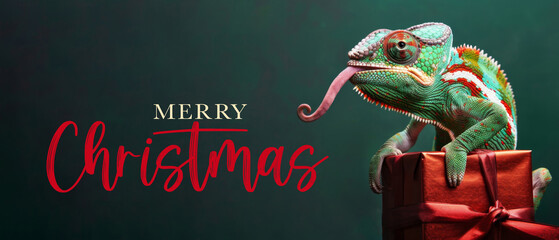 Wall Mural - Merry Christmas concept holiday vacation winter greeting card - Cool chameleon with tongue out and with red giftbox with ribbon, isolated on green background