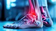 © IYearDesign - Human ankle with significant enlargement and redness due to gout, depicted in a clinical environment, high-detail medical illustration