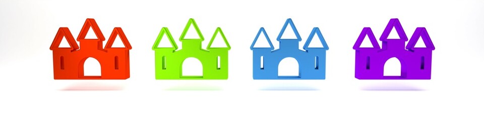 Sticker - Colorful Castle icon isolated on white background. Medieval fortress with a tower. Protection from enemies. Reliability and defense of the city. Minimalism concept. 3D render illustration