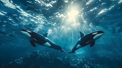 Poster - Majestic Orcas Gliding Through the Serene Blue Depths of the Ocean