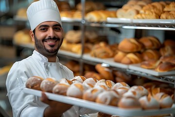 Poster - Smiling Baker Holding Freshly Baked Bread in a Bakery - Photo