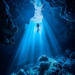 Poster - Diver Exploring Sunlit Underwater Cave in Stunning Ocean Environment