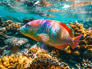 Sticker - Brightly Colored Parrotfish Grazing on Vibrant Coral Reef in Dynamic Underwater Scene