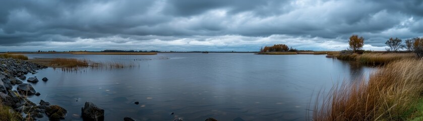 Wall Mural - A large body of water with a cloudy sky in the background