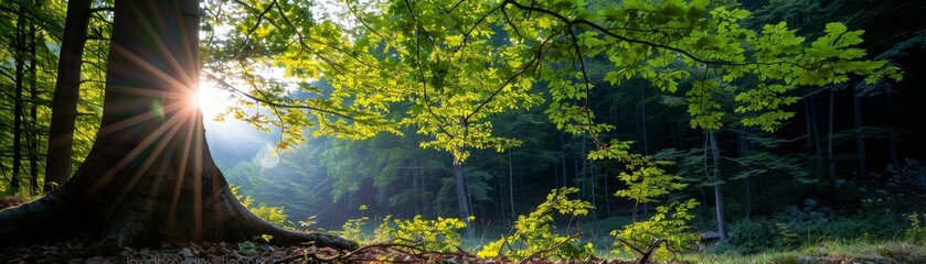 Wall Mural - A tree with leaves is in the foreground and a sun is shining on it