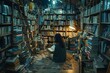 © Picza Booth - A solitary figure immersed in reading amidst the stacks of a quaint bookshop, concept of escapism and literary adventure