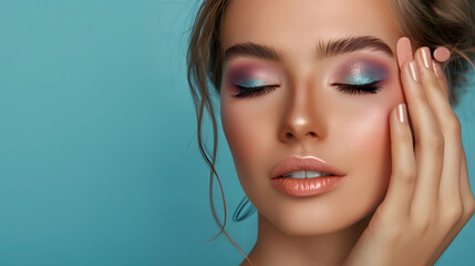 Wall Mural - Close up portrait of beautiful young woman applying eyeshadow powder