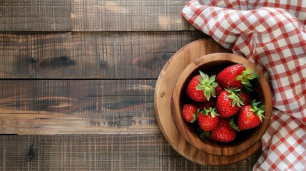 Fresh strawberry fruit in wooden bowl on table