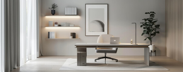 Wall Mural - A clean and organized office interior with a minimalist desk, a comfortable chair, and wall-mounted shelves. The desk is set against a backdrop of light grey walls and contemporary art.