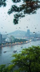 Wall Mural - Rain scene with city architecture outdoors nature.