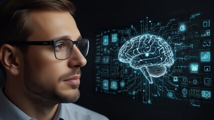 Businessman uses AI technology for data analysis, coding language with digital brain, learning on virtual screen.