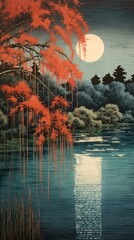 Sticker - Serene moonlit lake landscape