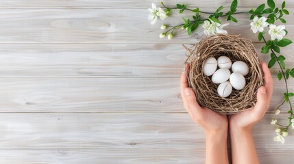 Two hands cradle a bird's nest containing five white eggs, all nestled amongst woven twigs. The nest sits on a light wood plank surface