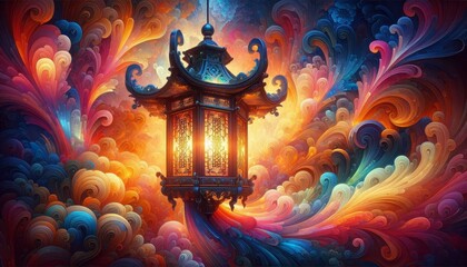 Wall Mural - A glowing lantern hangs amidst swirling, vibrant clouds, symbolizing hope, dreams, wonder, and the beauty of the unknown.