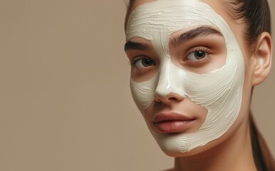 A young European lady poses with a facial mask, enjoying beauty treatments, stood over a beige studio background, and looks directly at the camera.