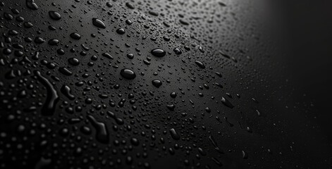 Wall Mural - A macro and side view of water droplets on a black background and texture