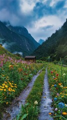 tranquil evening at grass hill with cozy hut and flower blossom wallpaper