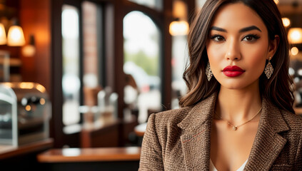 Wall Mural - American type girl with dark hair and wool jacket in cafe