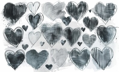 Wall Mural - On a white background, a grunge graphite pencil texture of hearts and symbols