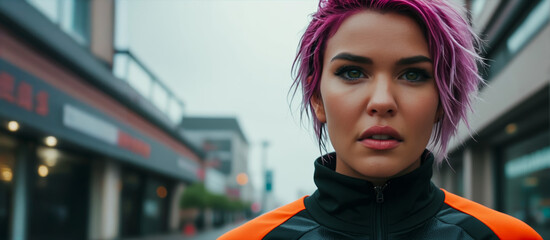 Wall Mural - portrait of a European-type girl with dyed pink hair and a sports trowel on a city street