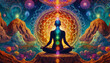 © 9KHOU - A person meditating in a yoga pose, with seven glowing chakra points on their body. Surrounded by vibrant energy patterns the background represents the vast universe, energy, and tranquility.