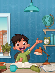 Wall Mural - Cartoon teenager student at desk with books. Student boy writing on his bedroom.