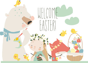 Wall Mural - Cartoon Girl getting ready for Easter with Animals. Vector Illustration