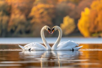 Two swans facing each other, forming a heart shape with their necks on a calm lake, surrounded by autumn colors.