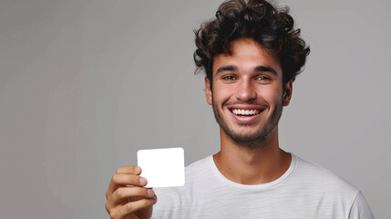 Business card mockup template. Smiling young man holding business card

