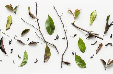 A white Pai Mu Tan dried tea leaf isolated on white, viewed from the top